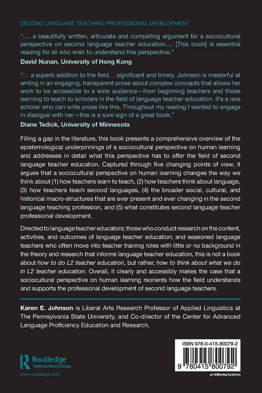 Rückseite: 9780415800792 | Second Language Teacher Education | A Sociocultural Perspective | Buch