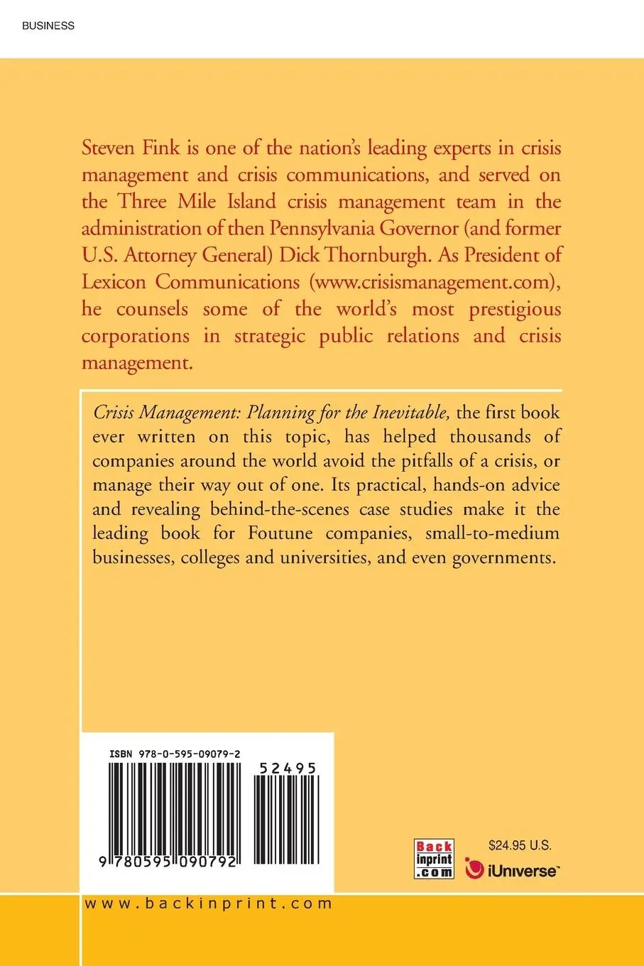 Rückseite: 9780595090792 | Crisis Management | Planning for the Inevitable | Steven Fink | Buch