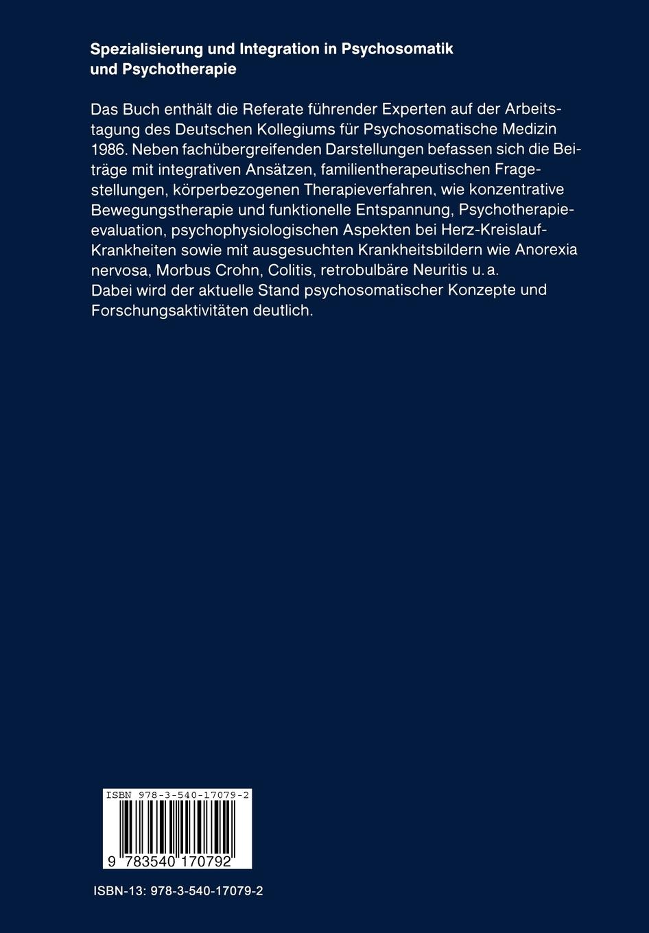 Rückseite: 9783540170792 | Spezialisierung und Integration in Psychosomatik und Psychotherapie