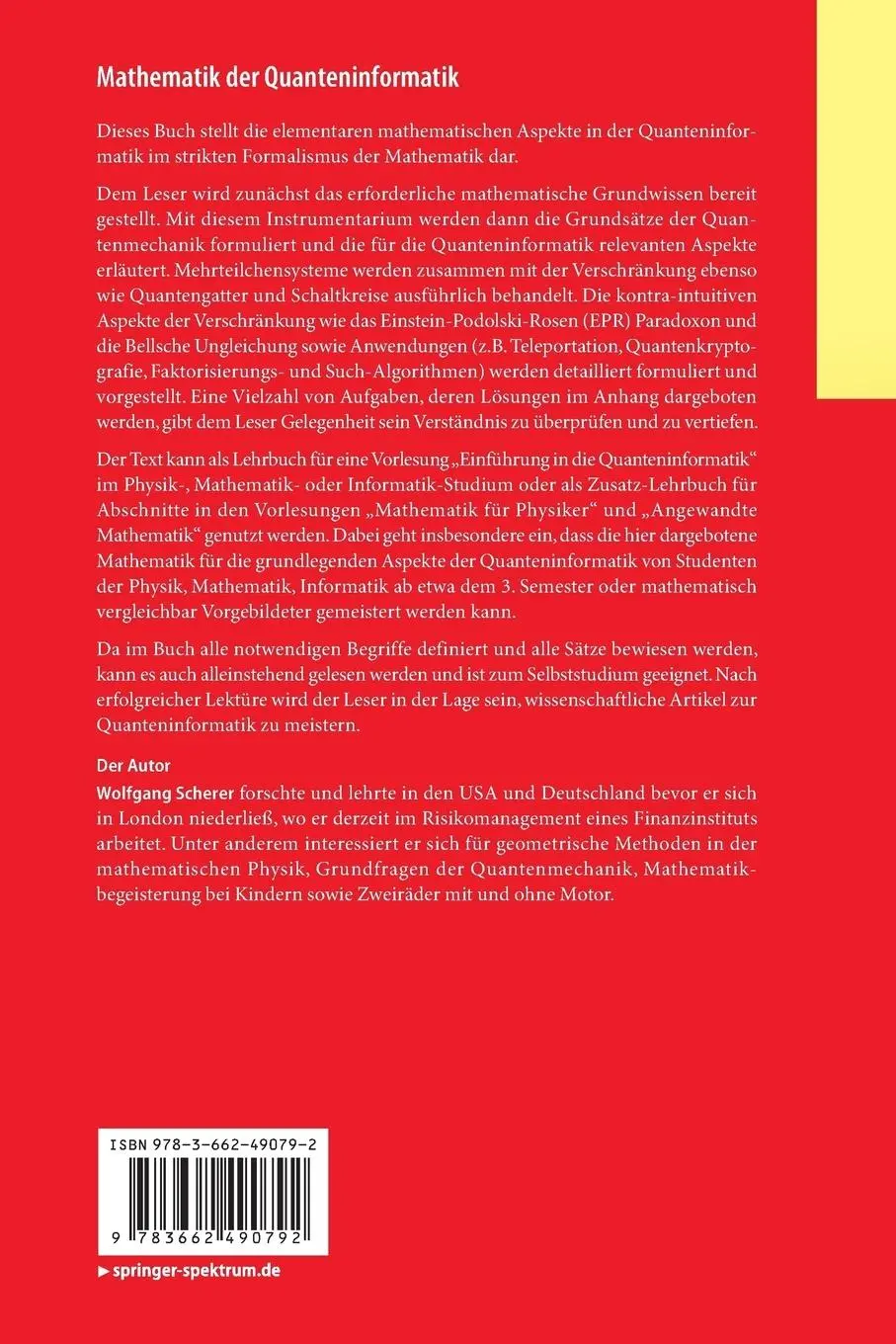 Rückseite: 9783662490792 | Mathematik der Quanteninformatik | Eine Einführung | Wolfgang Scherer