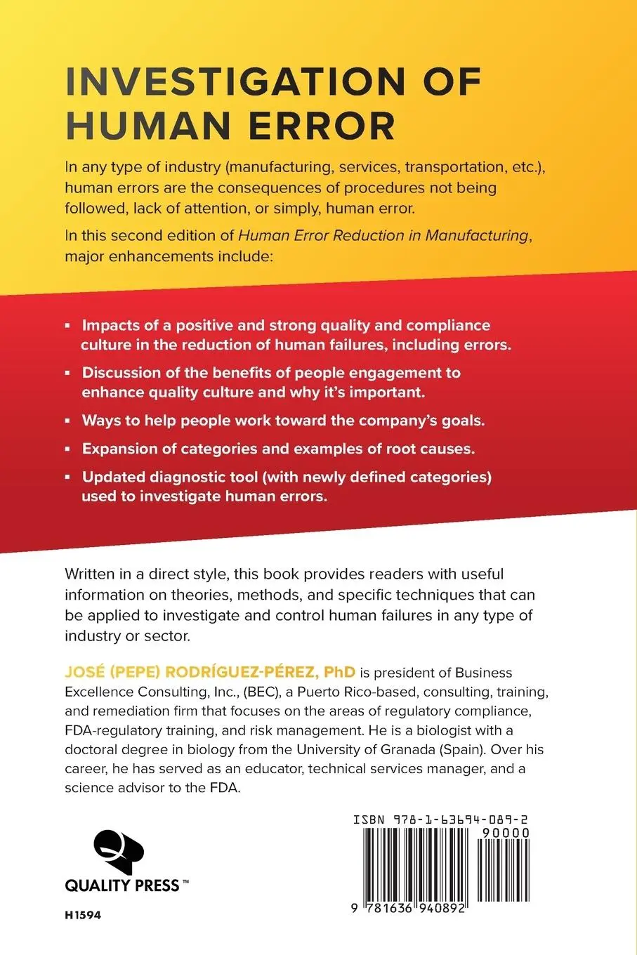 Rückseite: 9781636940892 | Human Error Reduction in Manufacturing | Jose Rodriguez-Perez | Buch