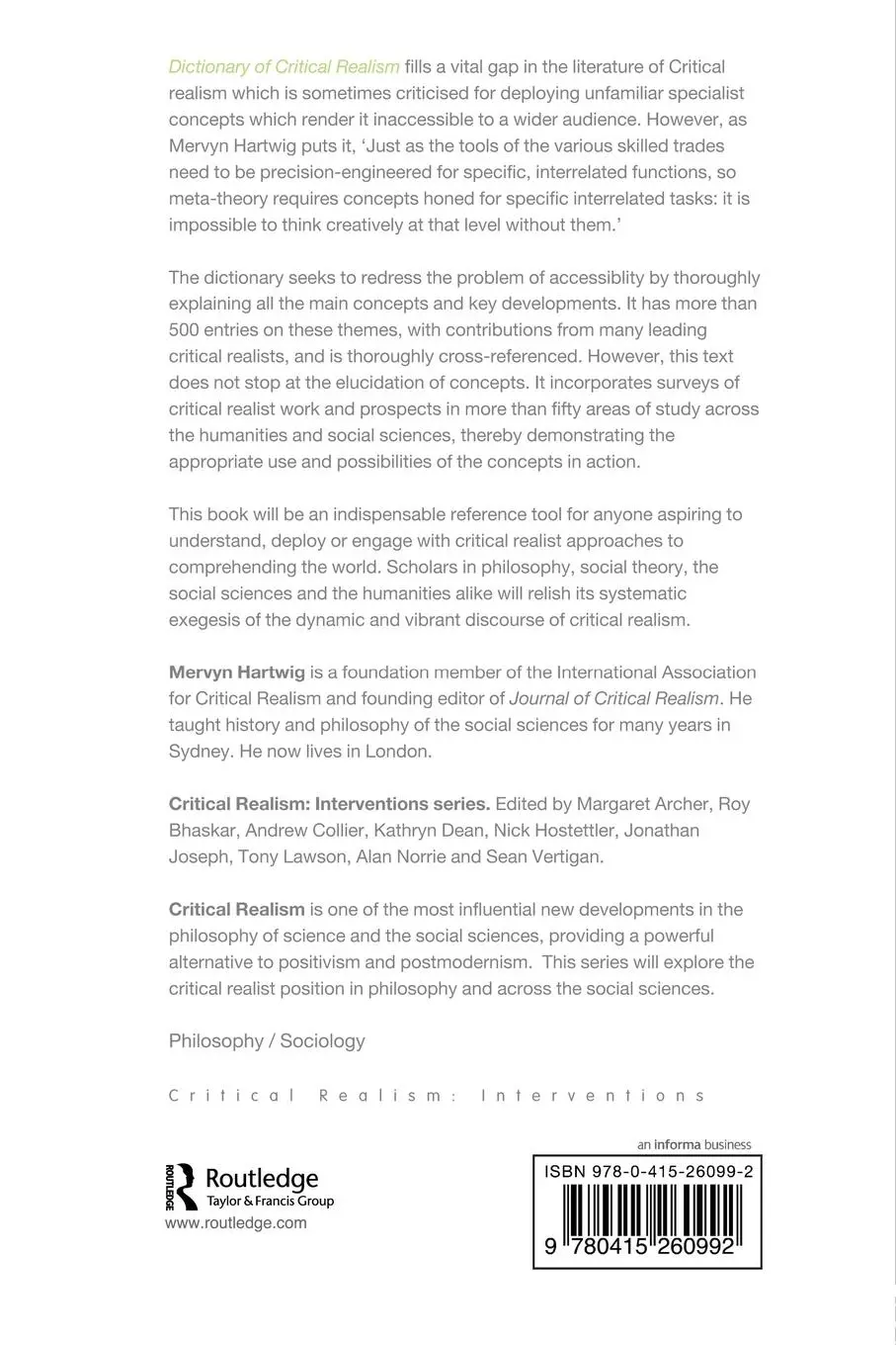 Rückseite: 9780415260992 | Dictionary of Critical Realism | Mervyn Hartwig | Taschenbuch | 2007