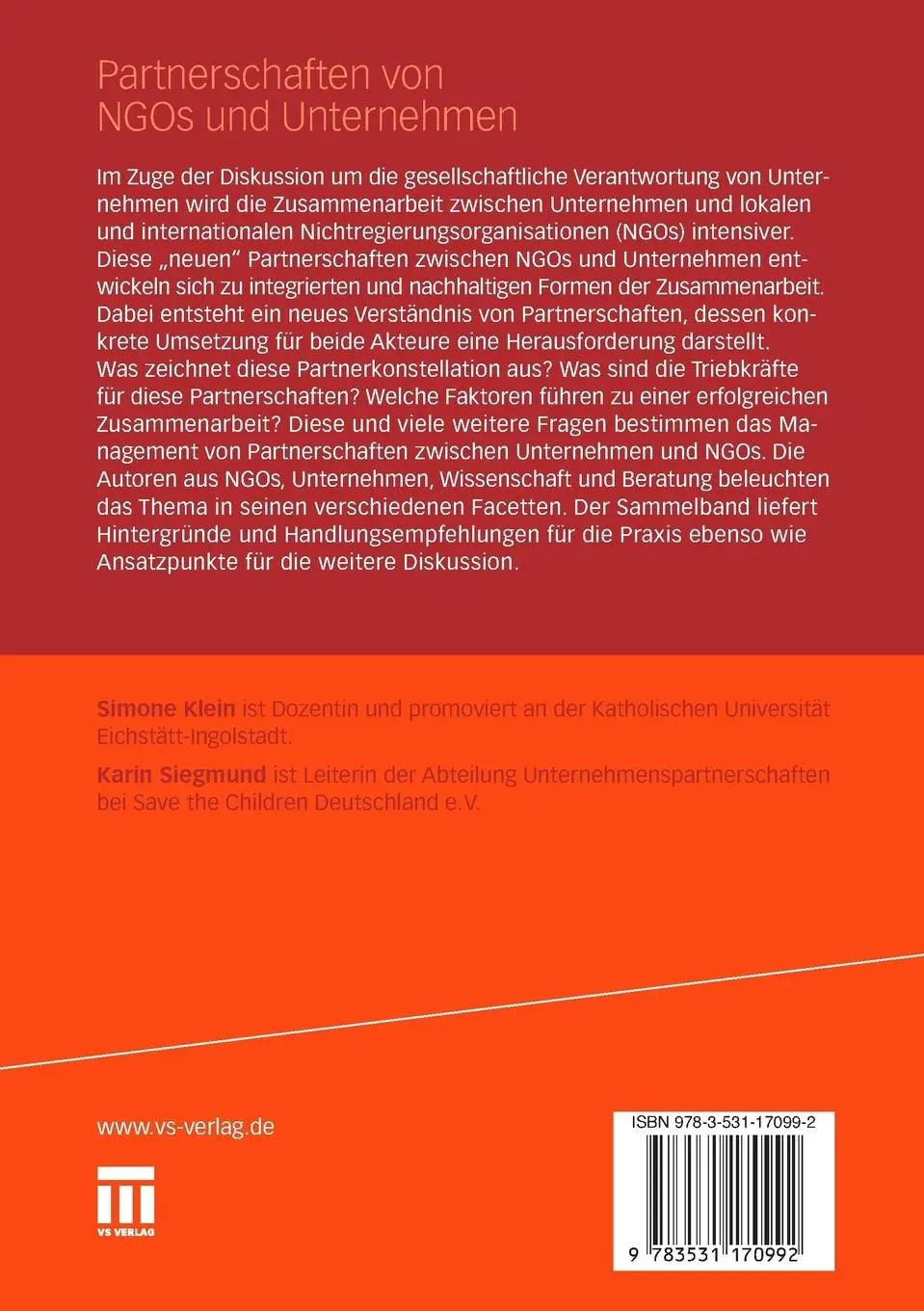 Rückseite: 9783531170992 | Partnerschaften von NGOs und Unternehmen | Karin Siegmund (u. a.)