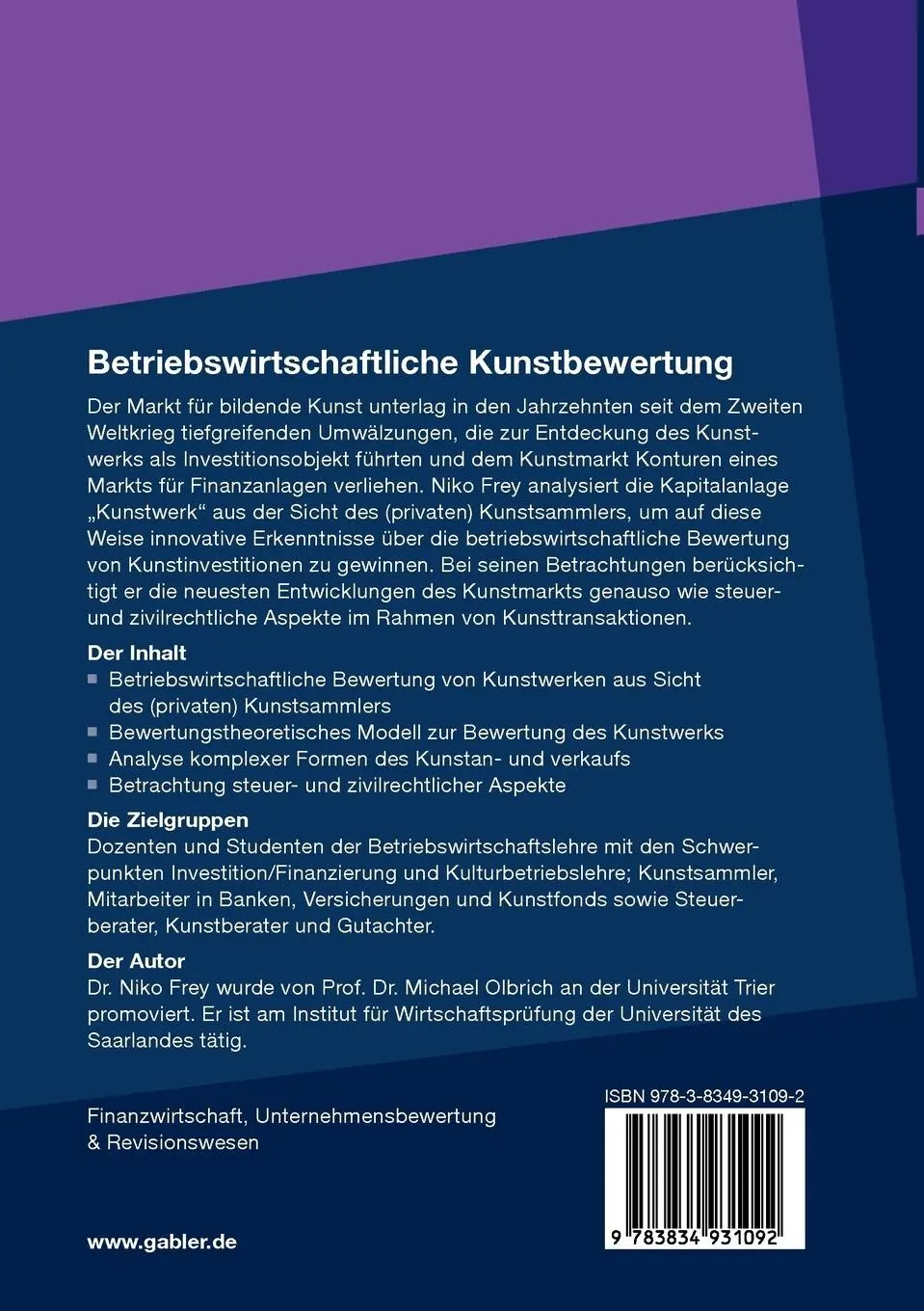 Rückseite: 9783834931092 | Betriebswirtschaftliche Kunstbewertung | Niko Frey | Taschenbuch | xxi
