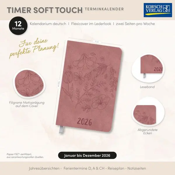 Bild: 9783731891192 | Timer Soft Touch morgenrot 2026 | Verlag Korsch | Buch | 128 S. | 2026
