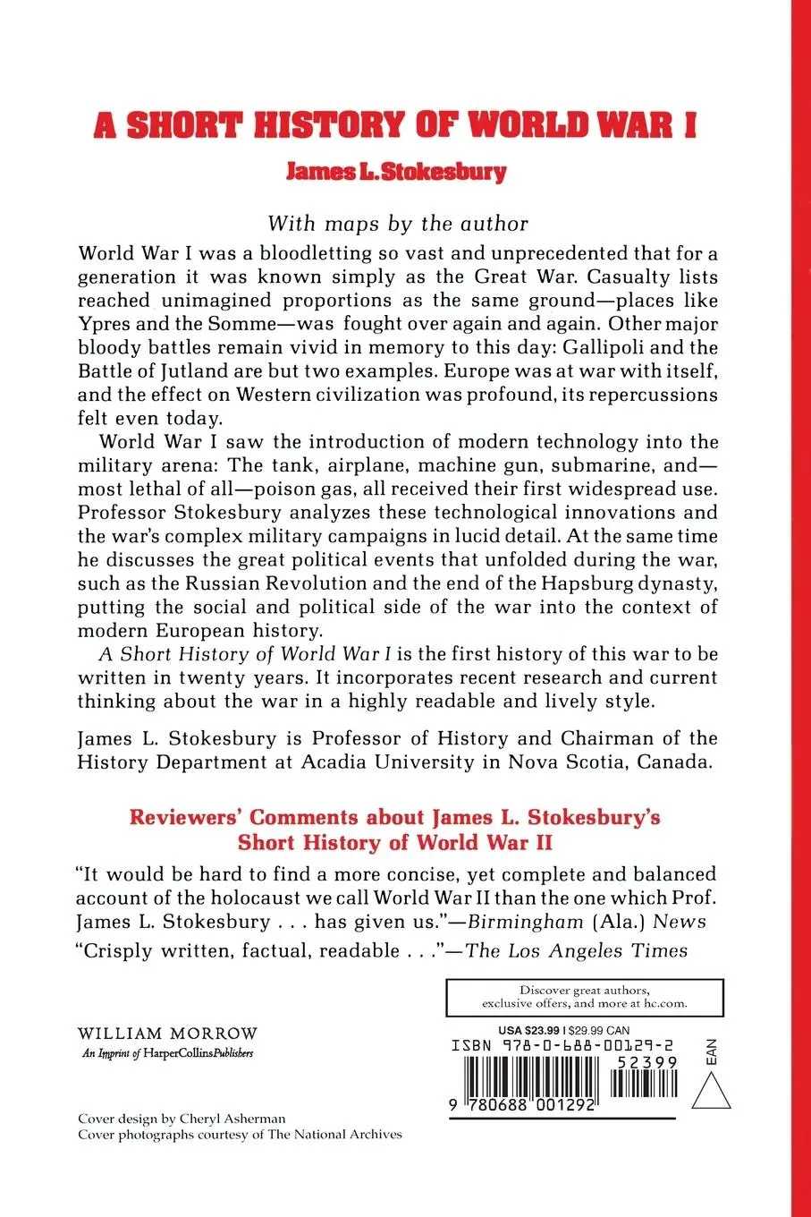 Rückseite: 9780688001292 | Short History of World War I, A | James L. Stokesbury | Taschenbuch