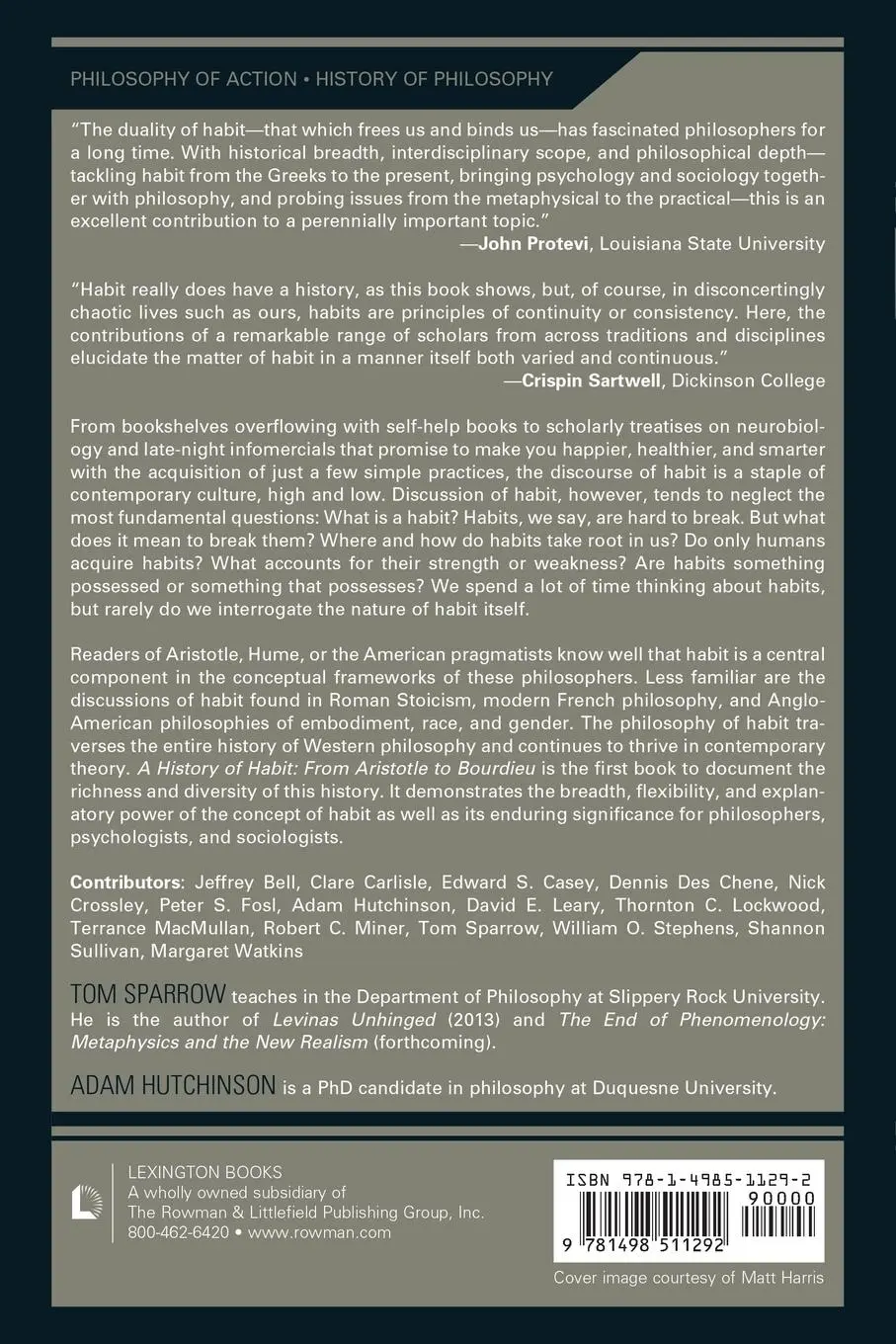 Rückseite: 9781498511292 | A History of Habit | From Aristotle to Bourdieu | Tom Sparrow (u. a.)