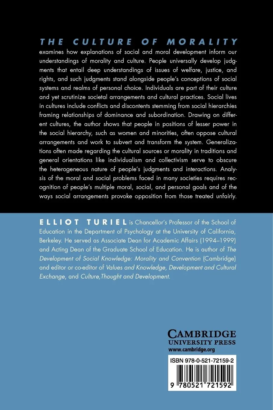 Rückseite: 9780521721592 | The Culture of Morality | Social Development, Context, and Conflict