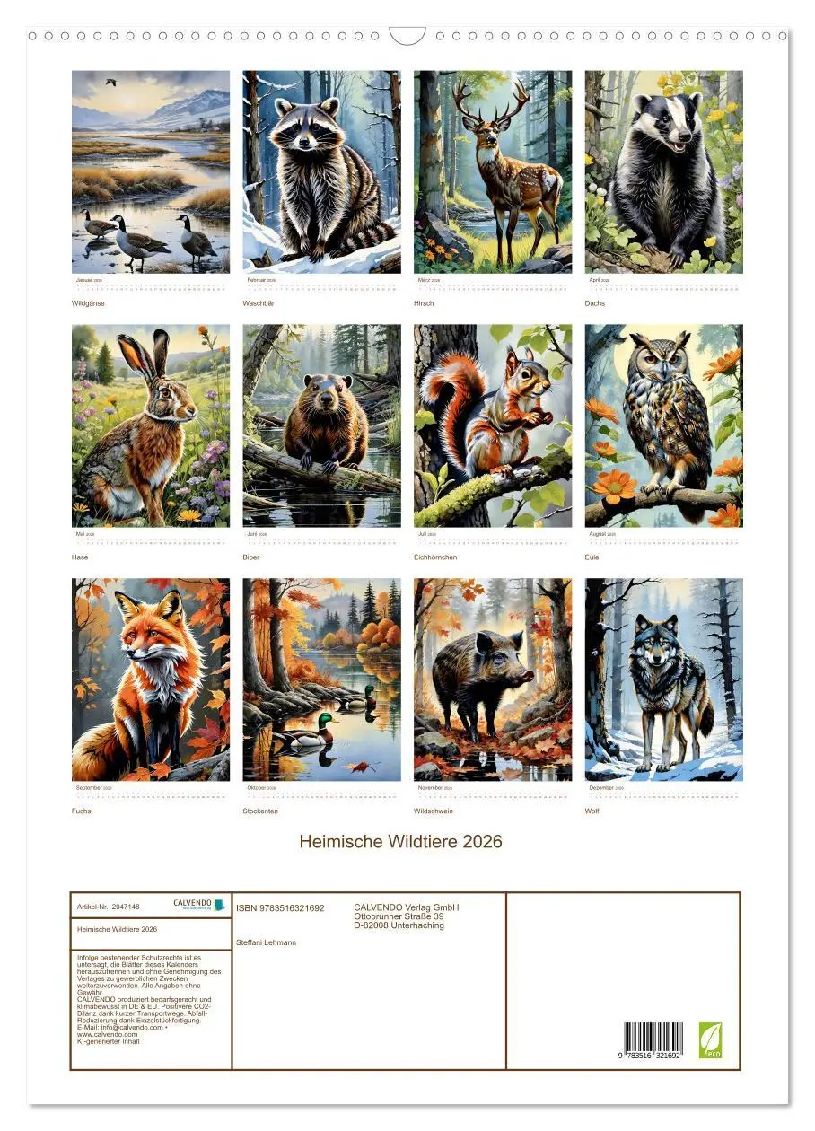 Bild: 9783516321692 | Heimische Wildtiere 2026 (Wandkalender 2026 DIN A2 hoch), CALVENDO...