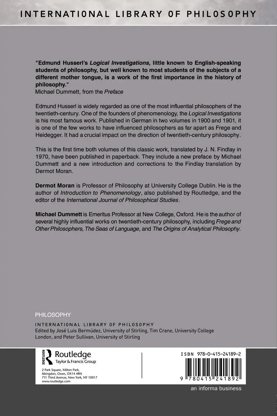 Rückseite: 9780415241892 | Logical Investigations Volume 1 | Edmund Husserl | Taschenbuch | 2001