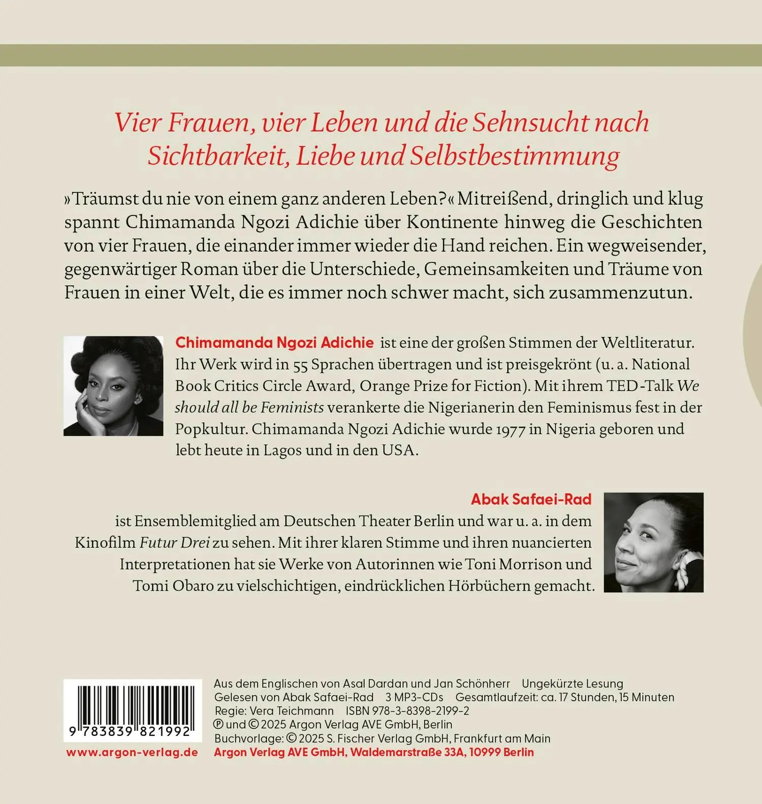 Rückseite: 9783839821992 | Dream Count | Roman | Chimamanda Ngozi Adichie | MP3 | 3 Audio-CDs