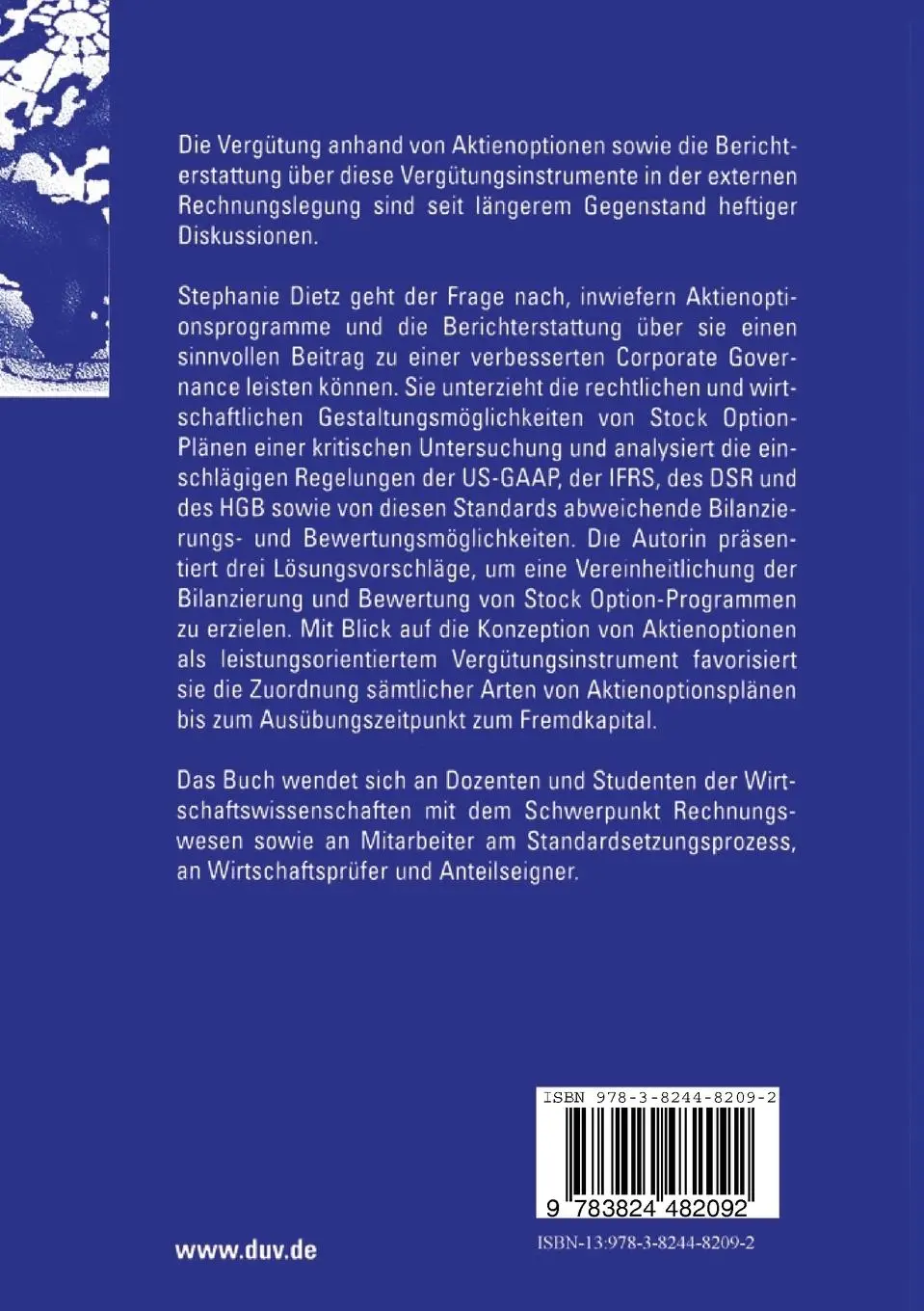 Rückseite: 9783824482092 | Aktienoptionsprogramme und Corporate Governance | Stephanie Dietz