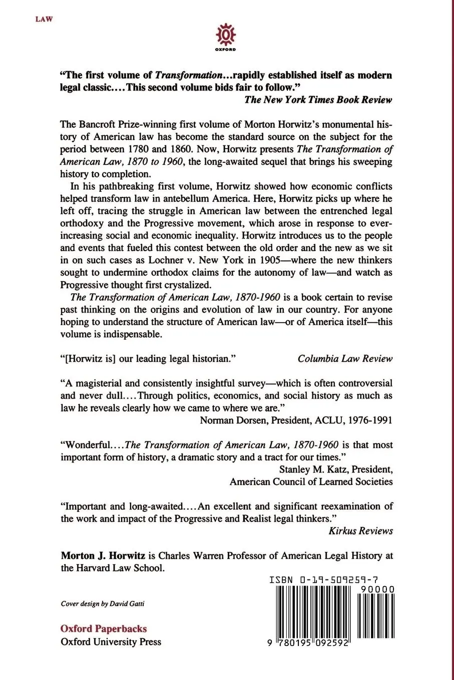 Rückseite: 9780195092592 | The Transformation of American Law, 1870-1960 | Morton J. Horwitz