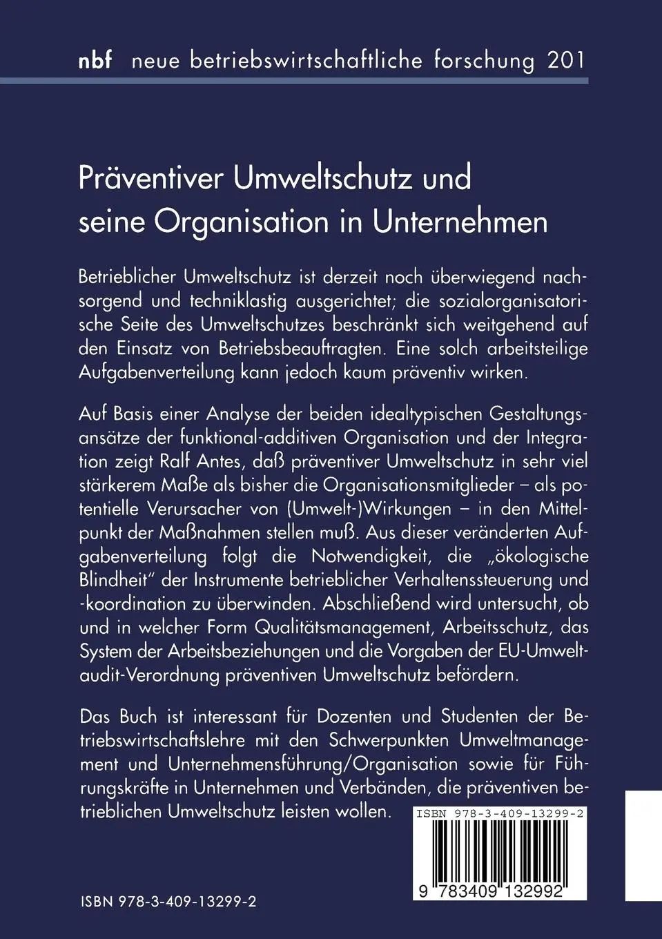 Rückseite: 9783409132992 | Präventiver Umweltschutz und seine Organisation in Unternehmen | Antes