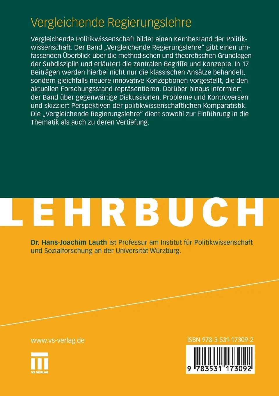 Rückseite: 9783531173092 | Vergleichende Regierungslehre | Eine Einführung | Hans-Joachim Lauth