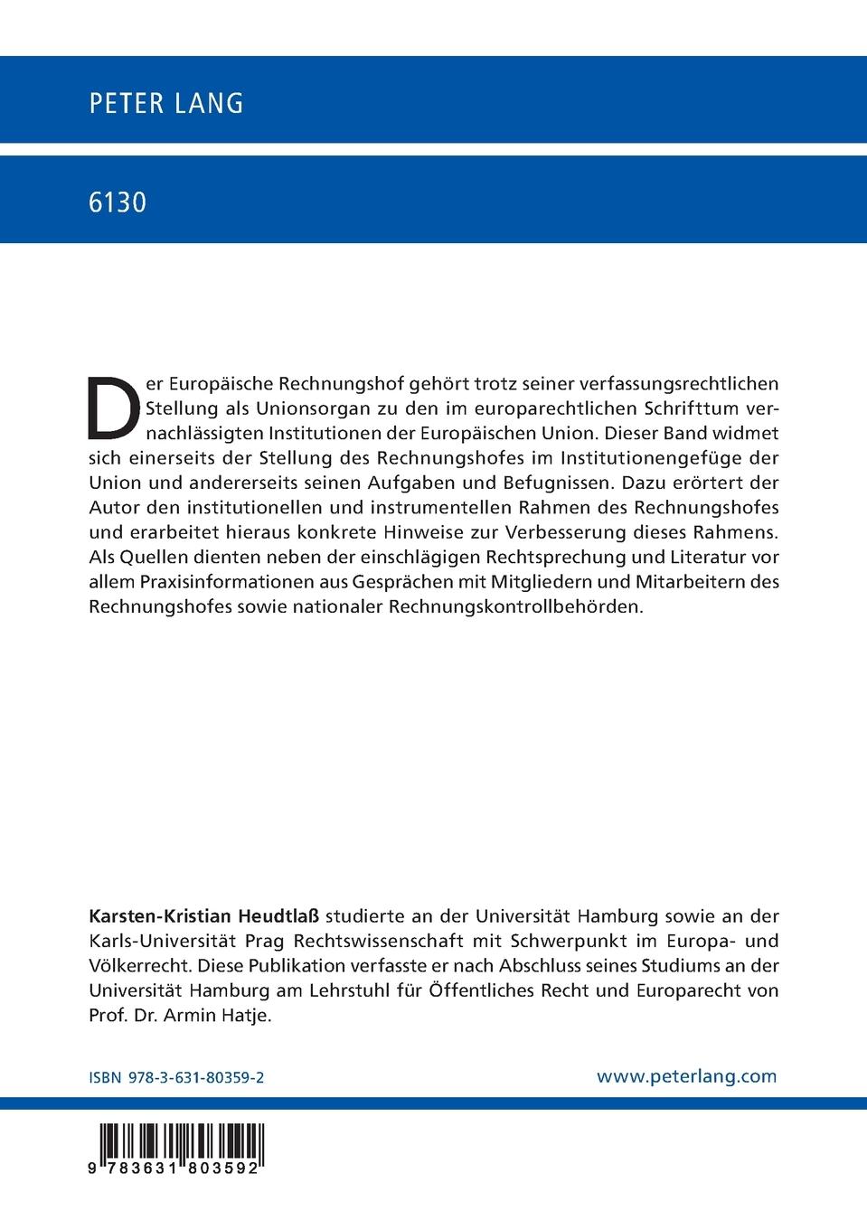Rückseite: 9783631803592 | Der Europäische Rechnungshof - Rechtsstellung und Befugnisse | Buch