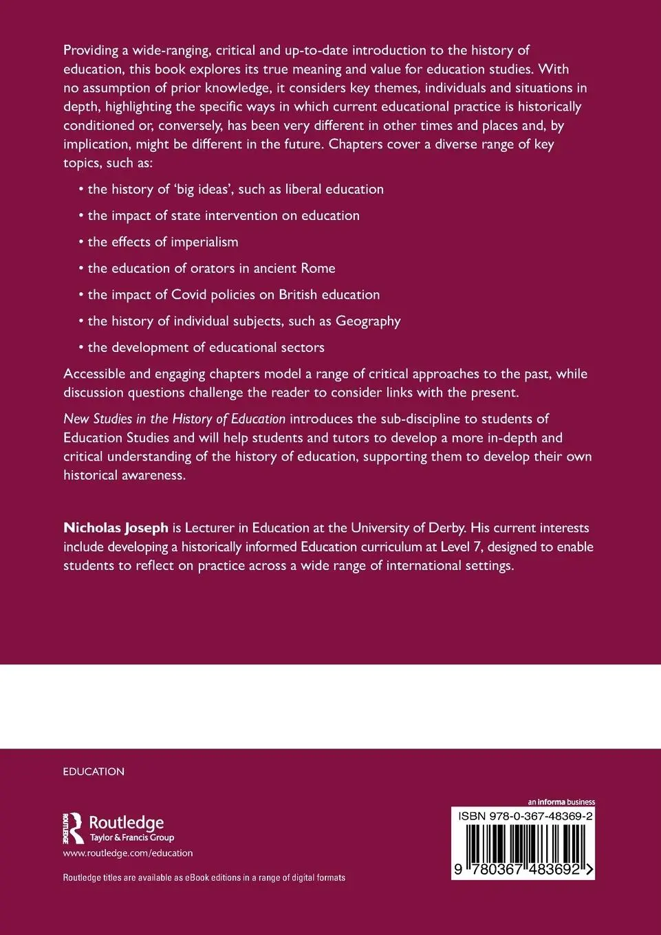 Rückseite: 9780367483692 | New Studies in the History of Education | Nicholas Joseph | Buch