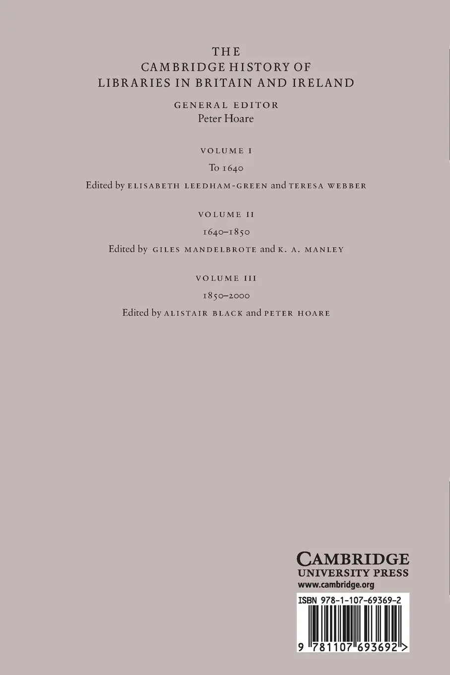Rückseite: 9781107693692 | The Cambridge History of Libraries in Britain and Ireland | Buch