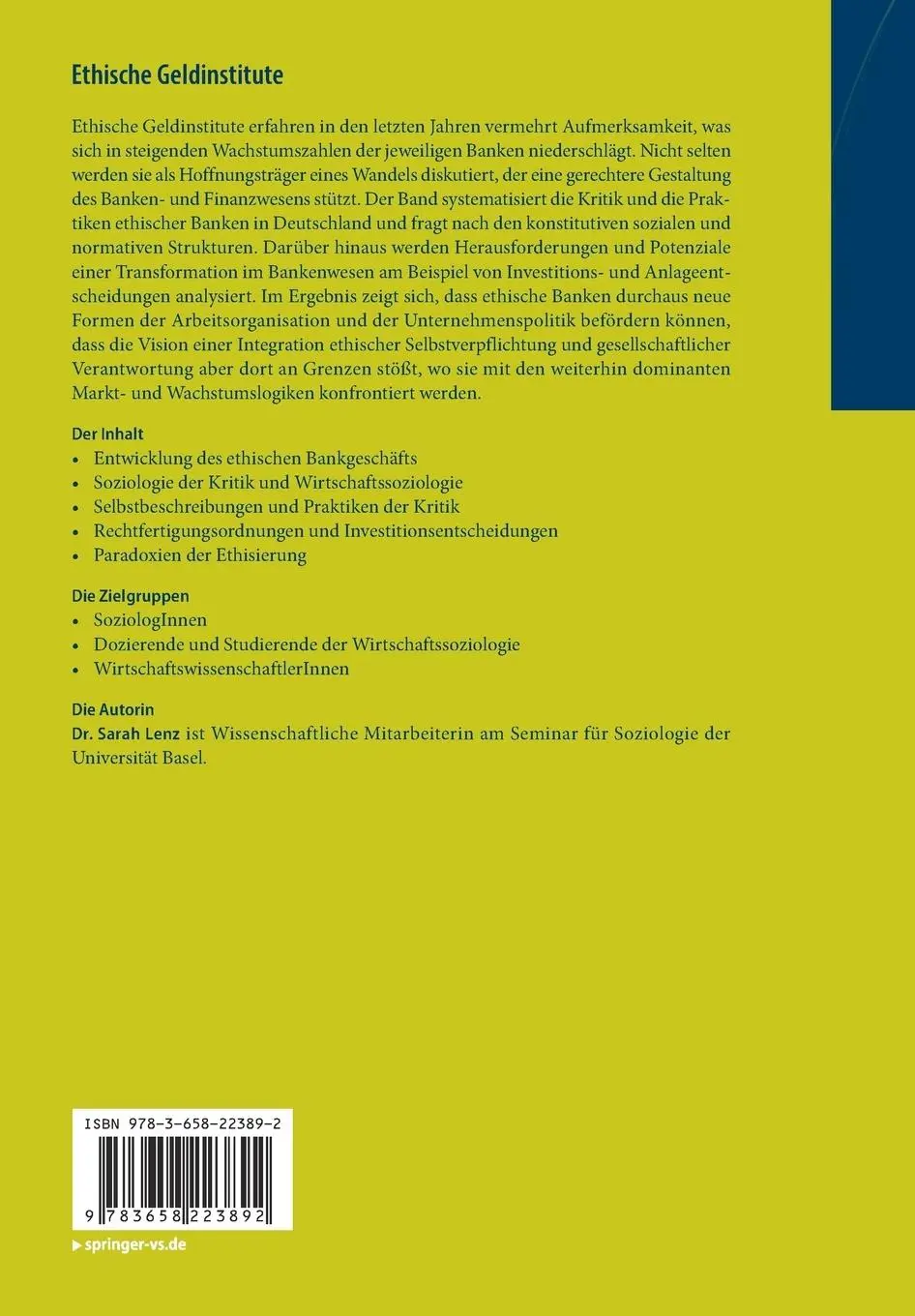 Rückseite: 9783658223892 | Ethische Geldinstitute | Sarah Lenz | Taschenbuch | xviii | Deutsch