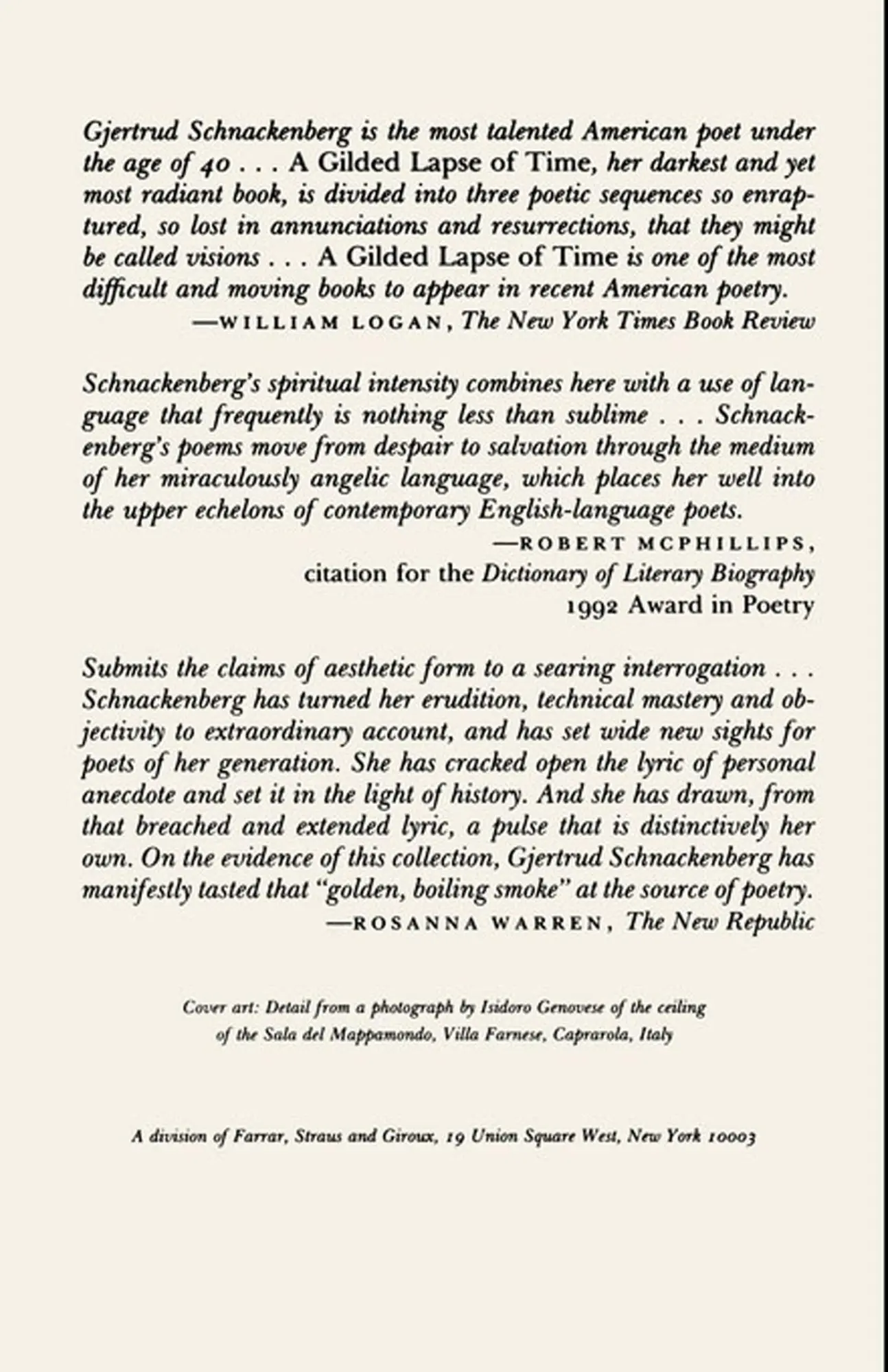 Rückseite: 9780374523992 | A Gilded Lapse of Time | Poems | Gjertrud Schnackenberg | Taschenbuch