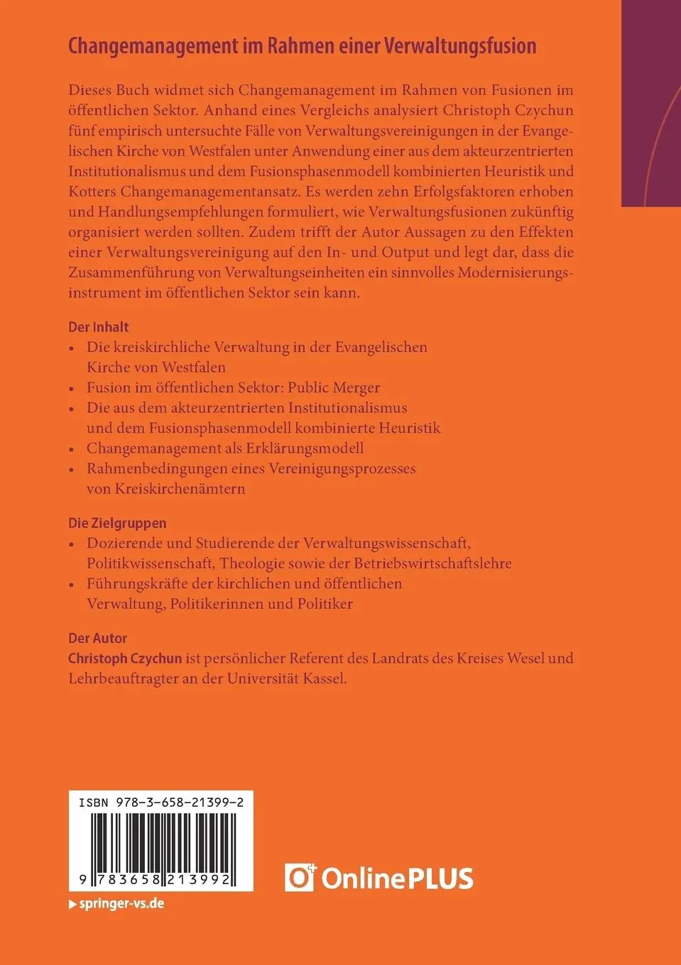 Rückseite: 9783658213992 | Changemanagement im Rahmen einer Verwaltungsfusion | Christoph Czychun