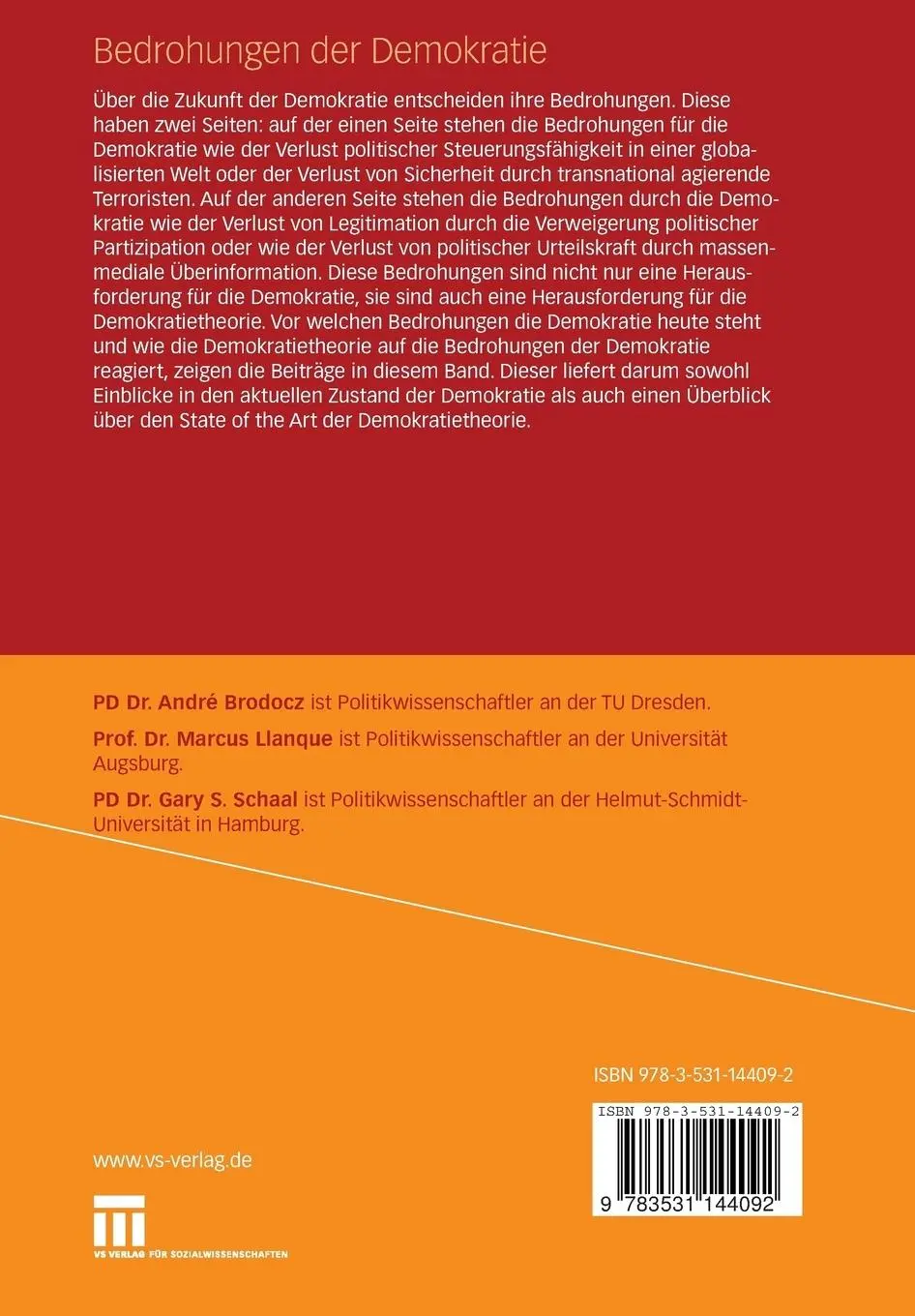 Rückseite: 9783531144092 | Bedrohungen der Demokratie | André Brodocz (u. a.) | Taschenbuch | vi