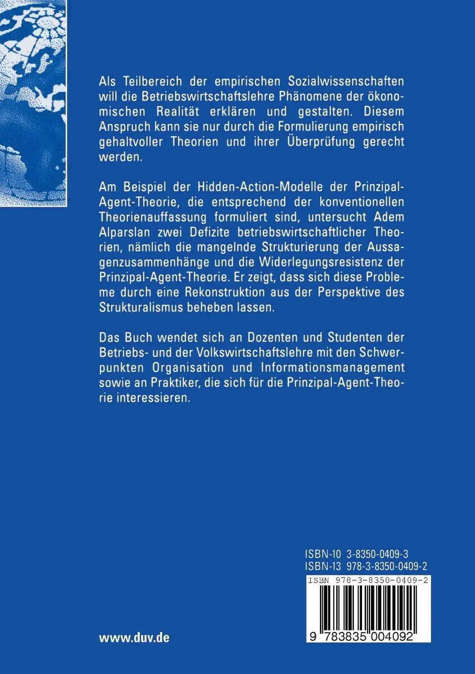Rückseite: 9783835004092 | Strukturalistische Prinzipal-Agent-Theorie | Adem Alparslan | Buch