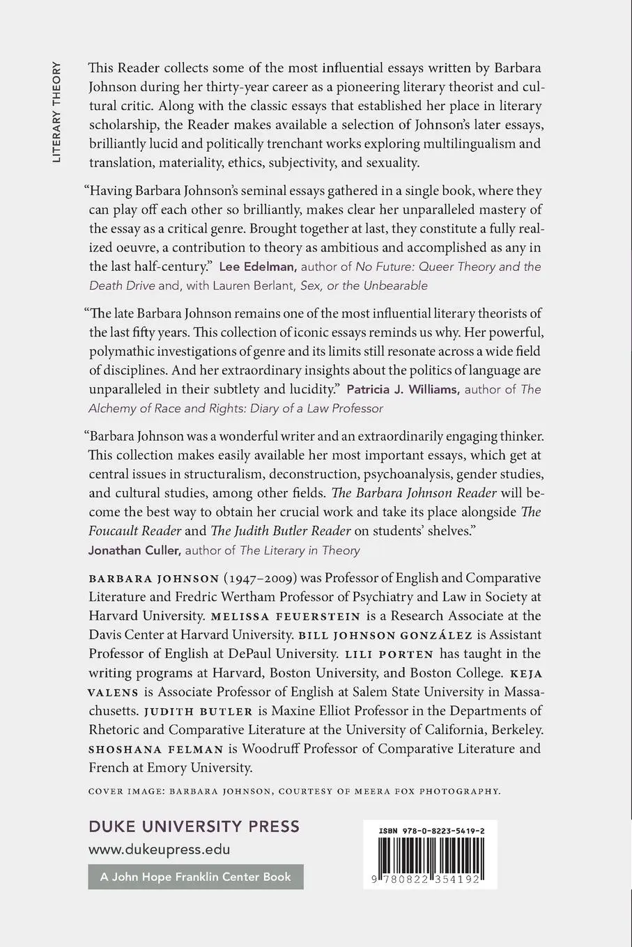 Rückseite: 9780822354192 | The Barbara Johnson Reader | The Surprise of Otherness | Johnson