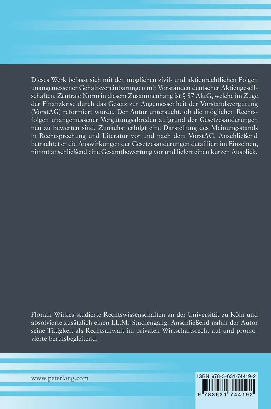 Rückseite: 9783631744192 | Rechtsfolgen einer nicht nach § 87 Abs. 1 AktG angemessenen...
