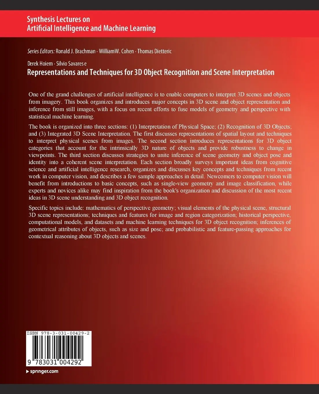 Rückseite: 9783031004292 | Representations and Techniques for 3D Object Recognition and Scene...