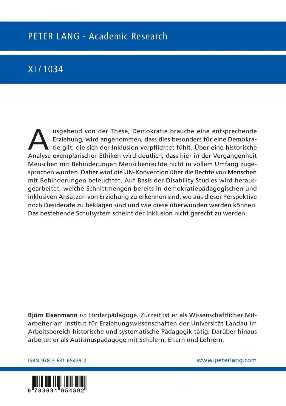Rückseite: 9783631654392 | Ethik - Demokratie - Behinderung | Björn Eisenmann | Taschenbuch