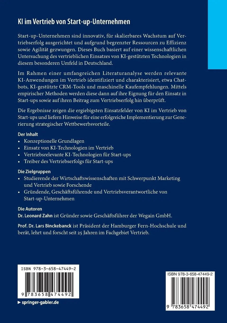 Rückseite: 9783658474492 | KI im Vertrieb von Start-up-Unternehmen | Lars Binckebanck (u. a.) Rückseite: 9783658474492 | KI im Vertrieb von Start-up-Unternehmen | Lars Binckebanck (u. a.)
