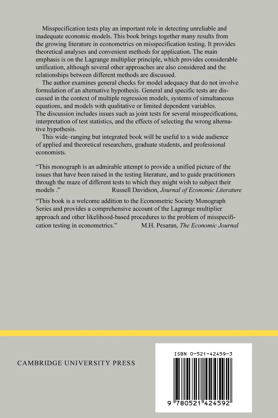 Rückseite: 9780521424592 | Misspecification Tests in Econometrics | L. G. Godfrey (u. a.) | Buch