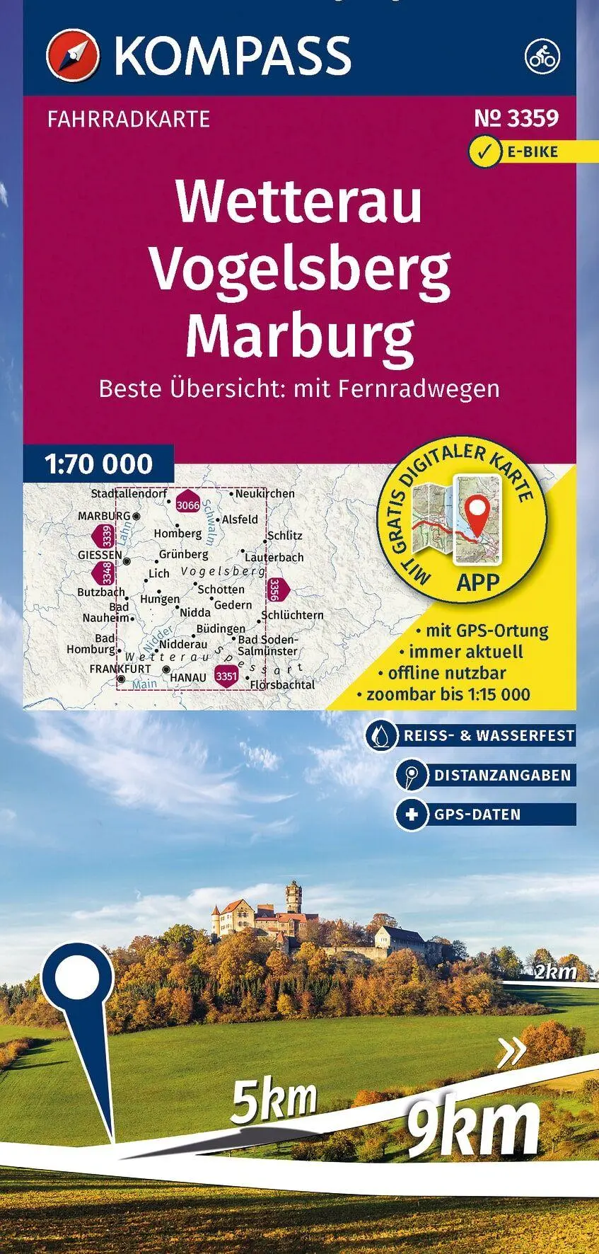 Cover: 9783991544692 | KOMPASS Fahrradkarte 3359 Wetterau, Vogelsberg, Marburg 1:70.000