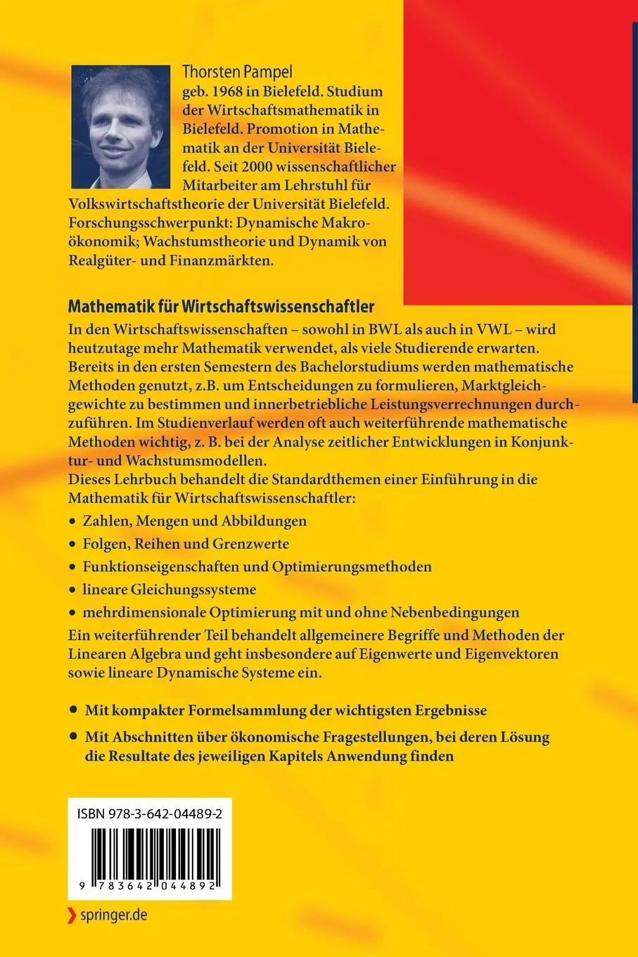 Rückseite: 9783642044892 | Mathematik für Wirtschaftswissenschaftler | Thorsten Pampel | Buch | x