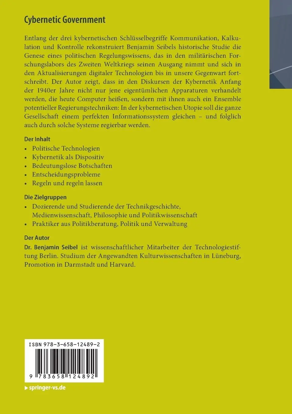 Rückseite: 9783658124892 | Cybernetic Government | Benjamin Seibel | Taschenbuch | vi | Deutsch