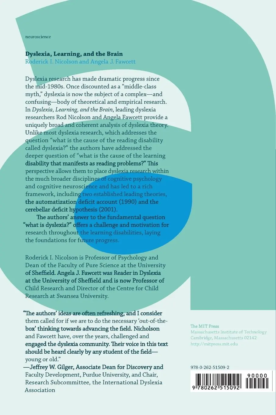Rückseite: 9780262515092 | Dyslexia, Learning, and the Brain | Roderick Nicolson (u. a.) | Buch