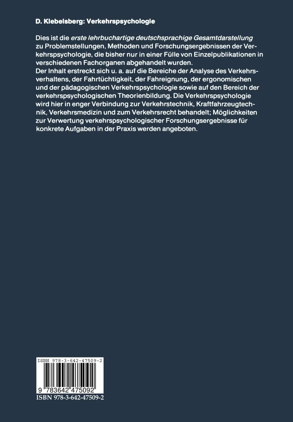 Rückseite: 9783642475092 | Verkehrspsychologie | D. Klebelsberg | Taschenbuch | viii | Deutsch
