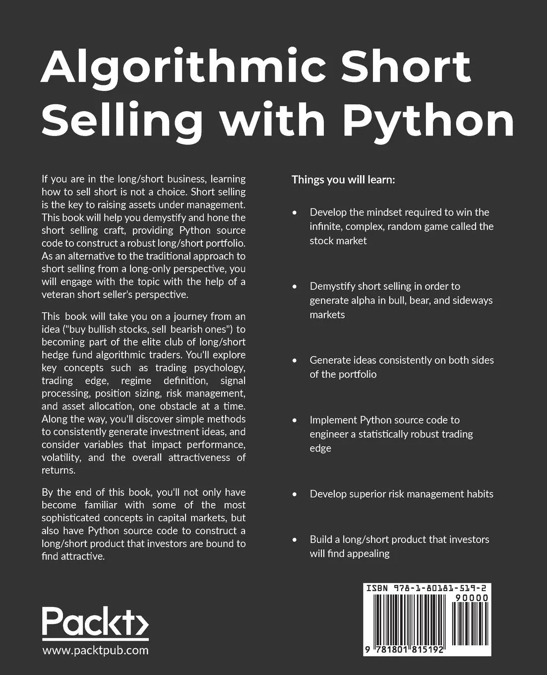 Rückseite: 9781801815192 | Algorithmic Short Selling with Python | Laurent Bernut | Taschenbuch Rückseite: 9781801815192 | Algorithmic Short Selling with Python | Laurent Bernut | Taschenbuch