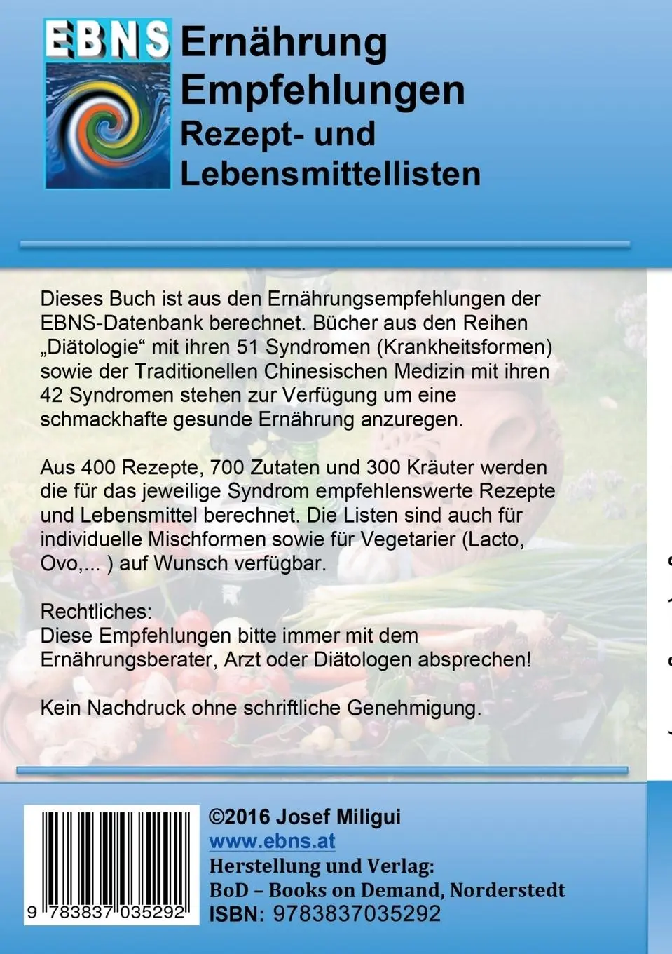 Rückseite: 9783837035292 | Ernährung bei Essstörungen (Untergewicht) | Josef Miligui | Buch