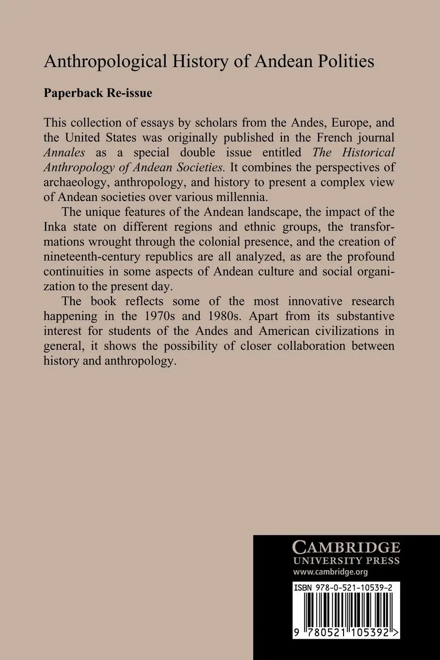 Rückseite: 9780521105392 | Anthropological History of Andean Polities | John V. Murra (u. a.)