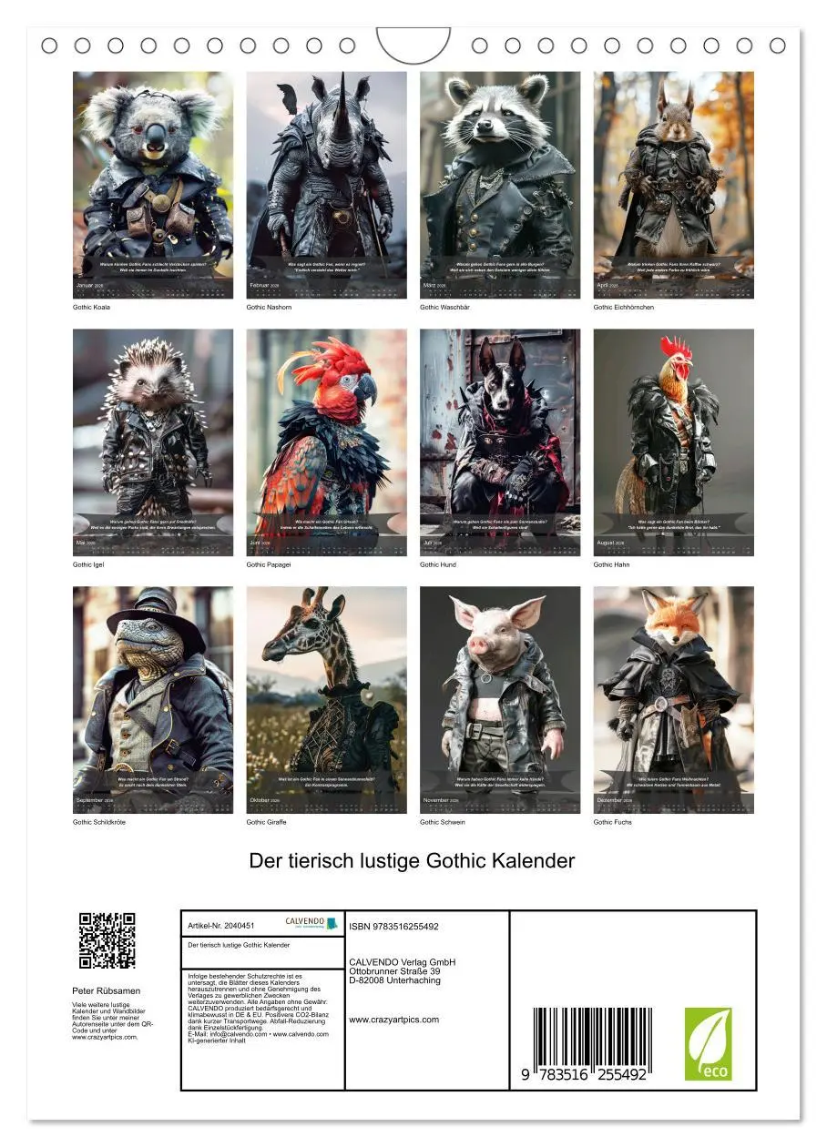 Bild: 9783516255492 | Der tierisch lustige Gothic Kalender (Wandkalender 2026 DIN A4...