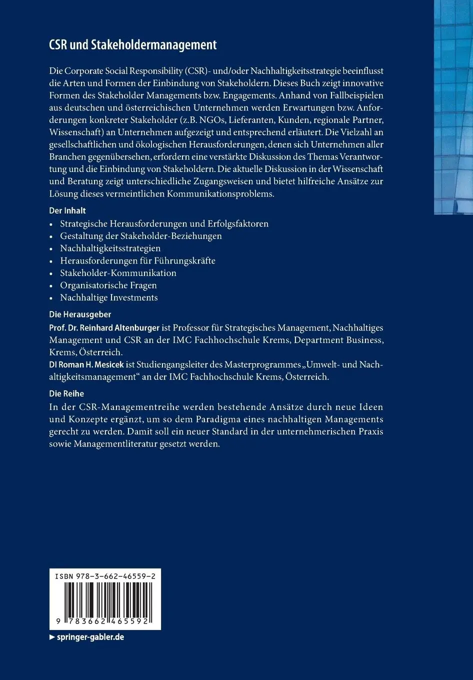 Rückseite: 9783662465592 | CSR und Stakeholdermanagement | Roman H. Mesicek (u. a.) | Taschenbuch