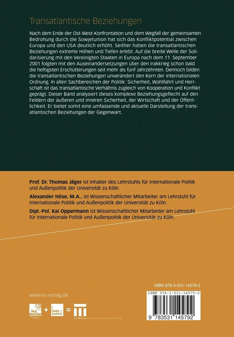 Rückseite: 9783531145792 | Transatlantische Beziehungen | Thomas Jäger (u. a.) | Taschenbuch