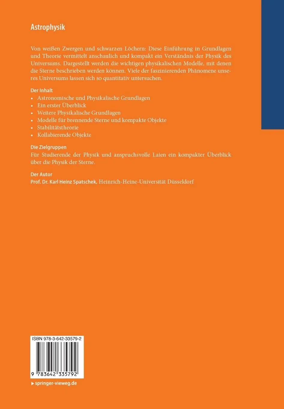 Rückseite: 9783642335792 | Astrophysik | Eine Einführung in Theorie und Grundlagen | Spatschek