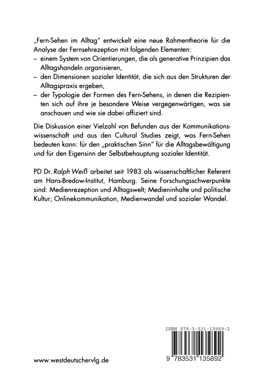 Rückseite: 9783531135892 | Fern-Sehen im Alltag | Zur Sozialpsychologie der Medienrezeption