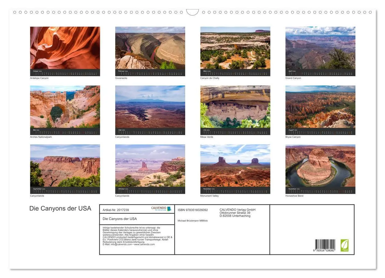 Bild: 9783516026092 | Die Canyons der USA (Wandkalender 2026 DIN A2 quer), CALVENDO...