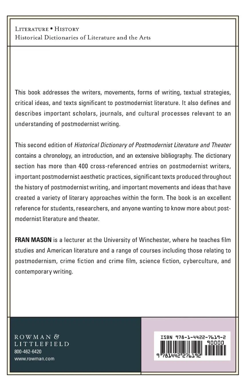 Rückseite: 9781442276192 | Historical Dictionary of Postmodernist Literature and Theater | Mason