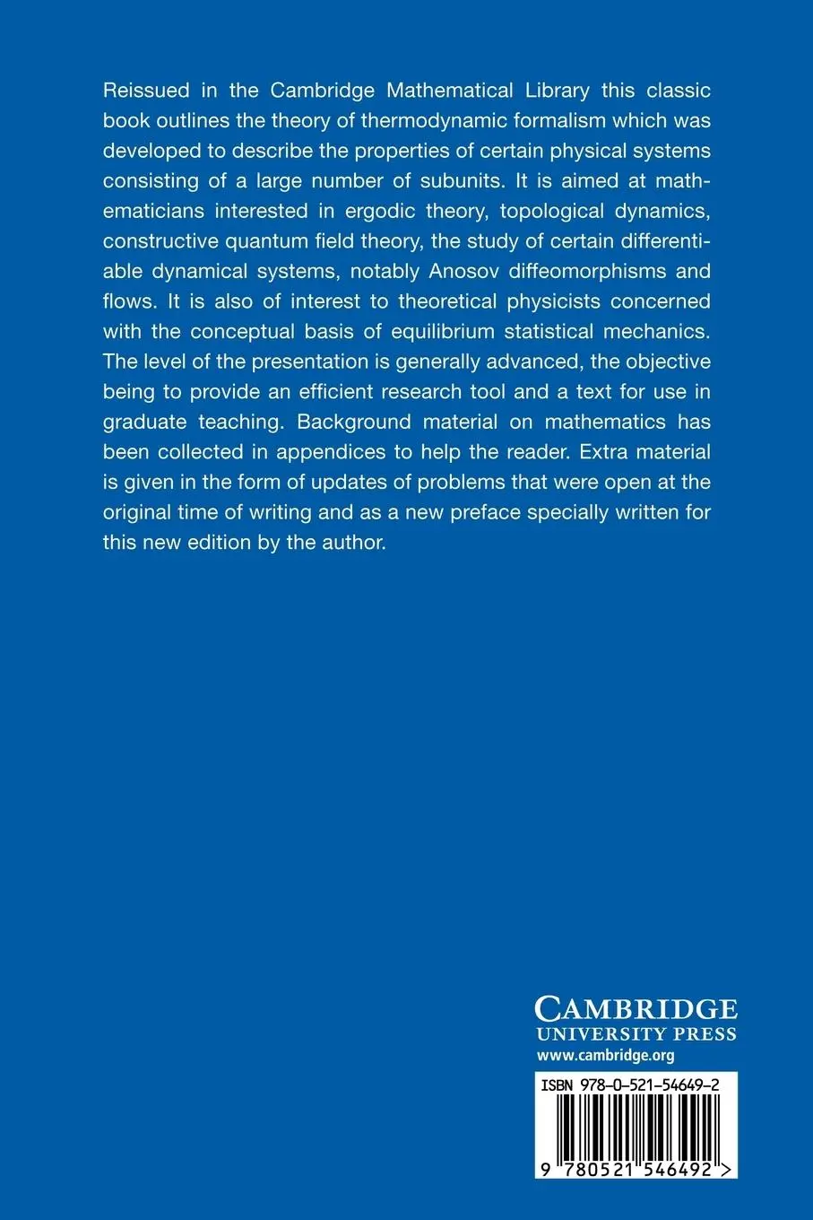 Rückseite: 9780521546492 | Thermodynamic Formalism | David Ruelle | Taschenbuch | Englisch | 2012