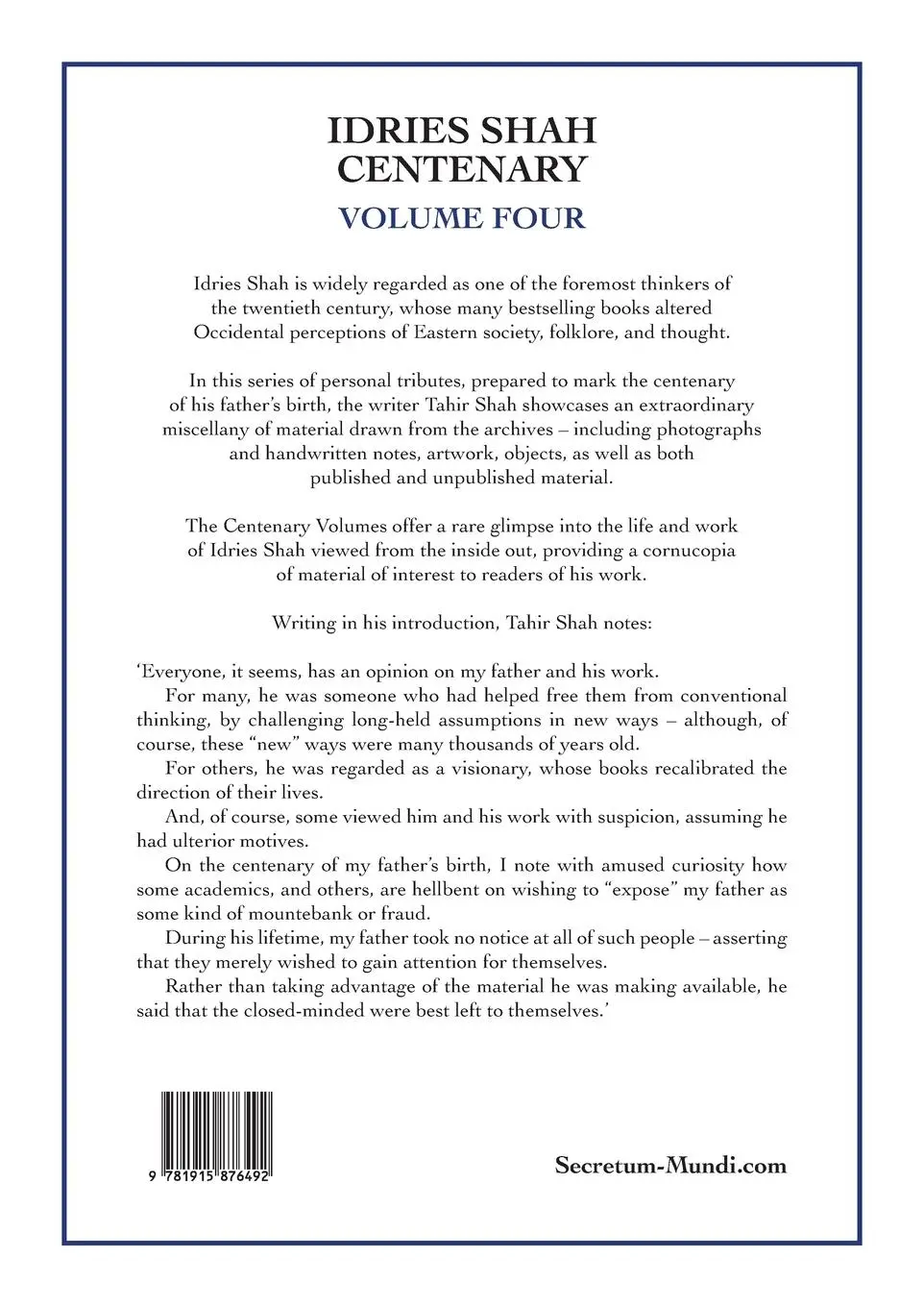 Rückseite: 9781915876492 | Idries Shah Centenary | Volume Four | Tahir Shah | Taschenbuch | 2024